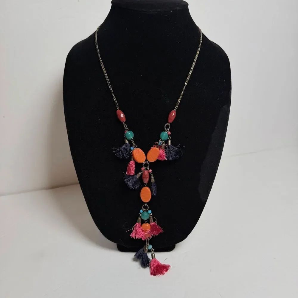 Charming Charlie Tassel Statement Necklace Multicolor Beaded Boho 30" Gold Tone